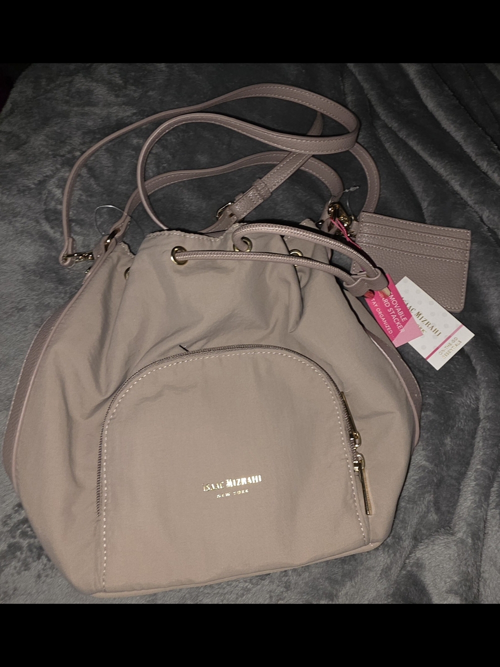 Isaac Mizrahi Dusty Mauve Drawstring Crossbody Bucket Bag
